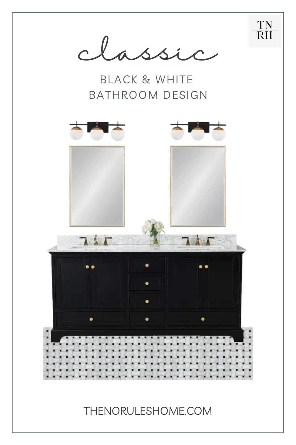 a black and white bathroom design with a black vanity, gold mirrors, modern lights and black and white basket weave floor tile