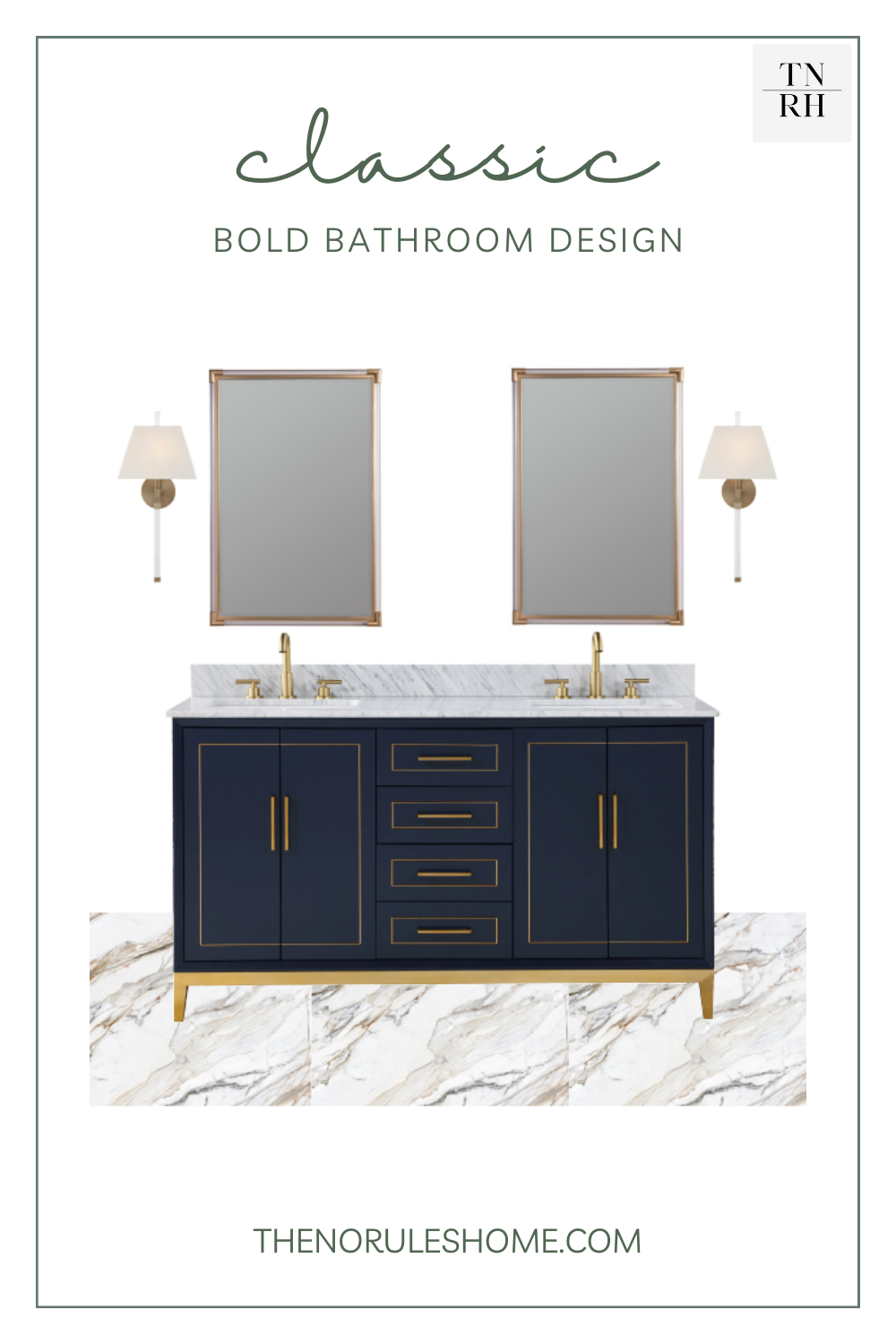 A bathroom design with marble flooring, navy and gold vanity, gold mirror and wall sconces