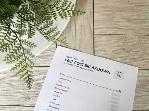 Image of a printable with the cost of a master bathroom remodel, aside a fern