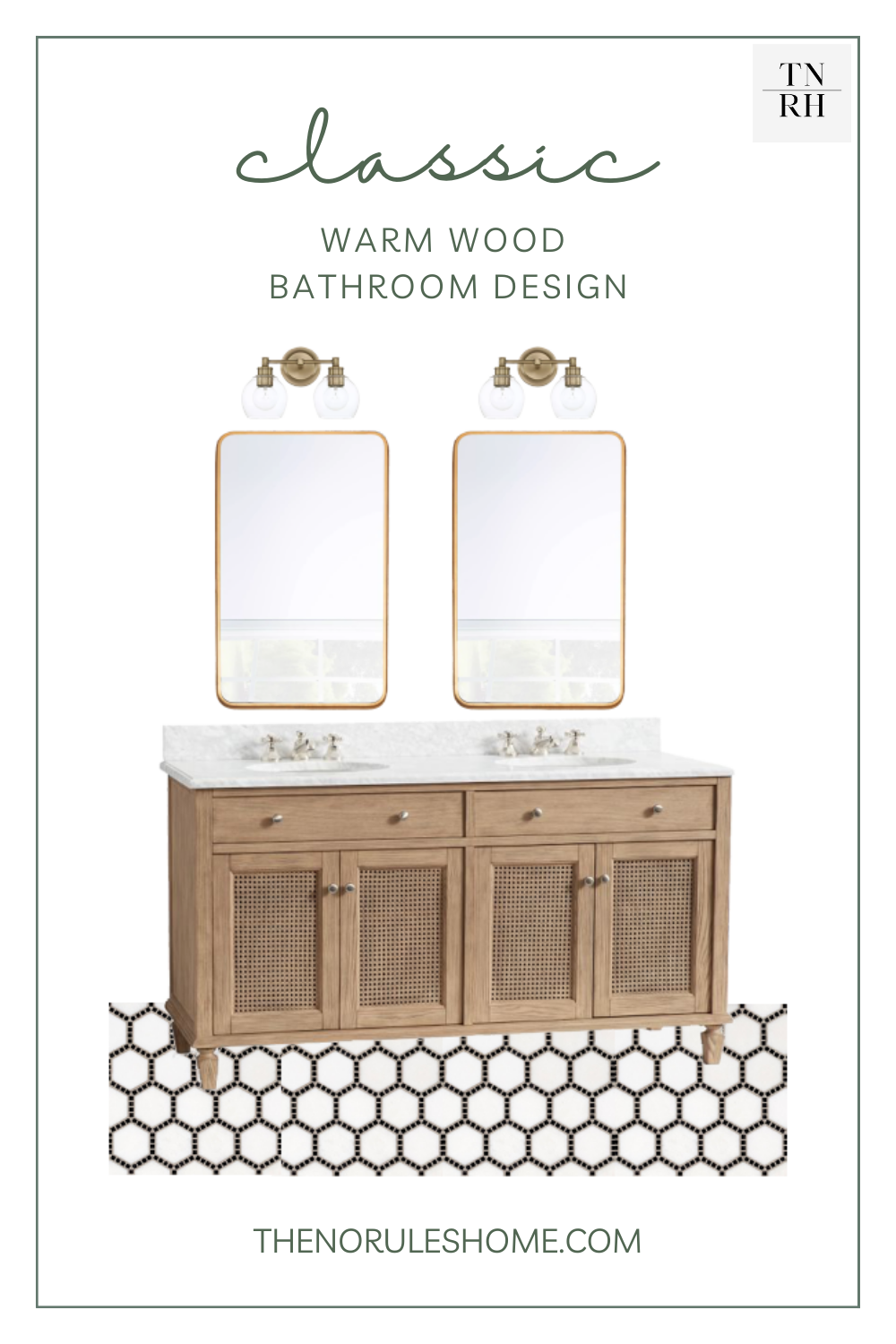 a classic bathroom design with a wood vanity, gold mirror, vanity light and graphic floor tile